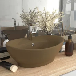 vidaXL Wastafel met overloop ovaal 58,5x39 cm keramiek matcrème