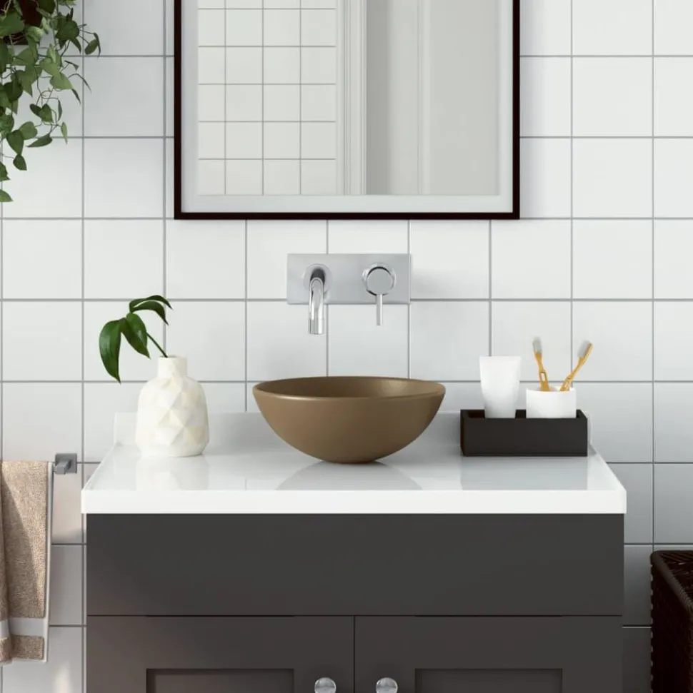 vidaXL Wastafel rond keramiek matcrème