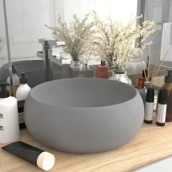 vidaXL Wastafel rond 40x15 cm keramiek mat lichtgrijs