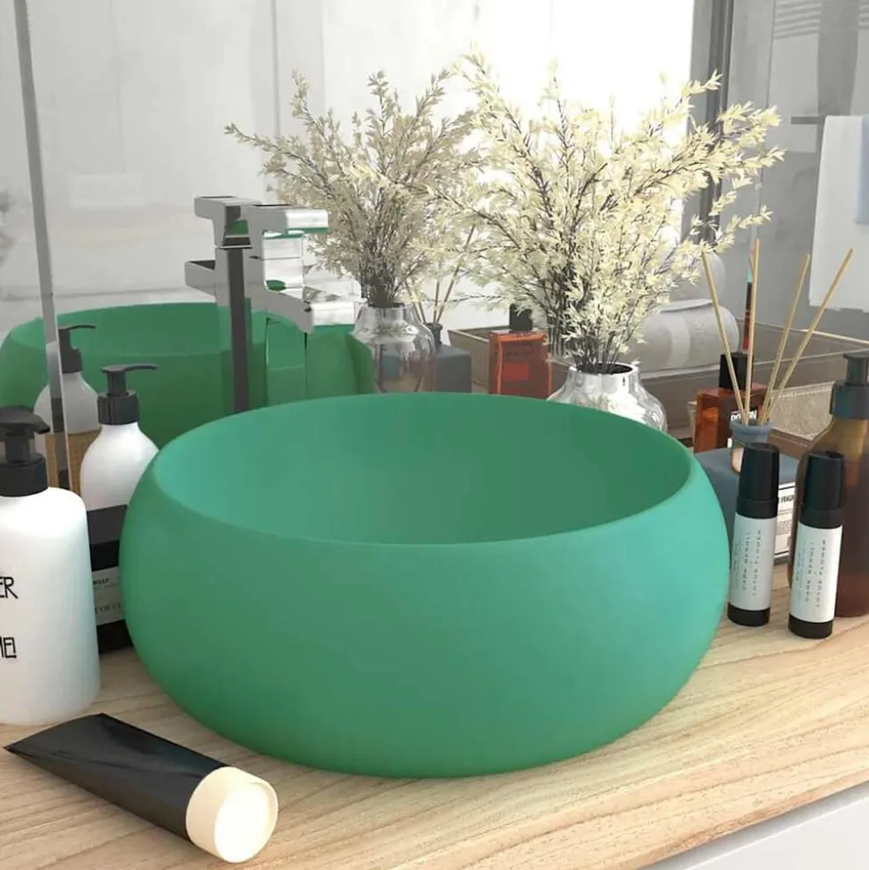 vidaXL Wastafel rond 40x15 cm keramiek mat lichtgroen