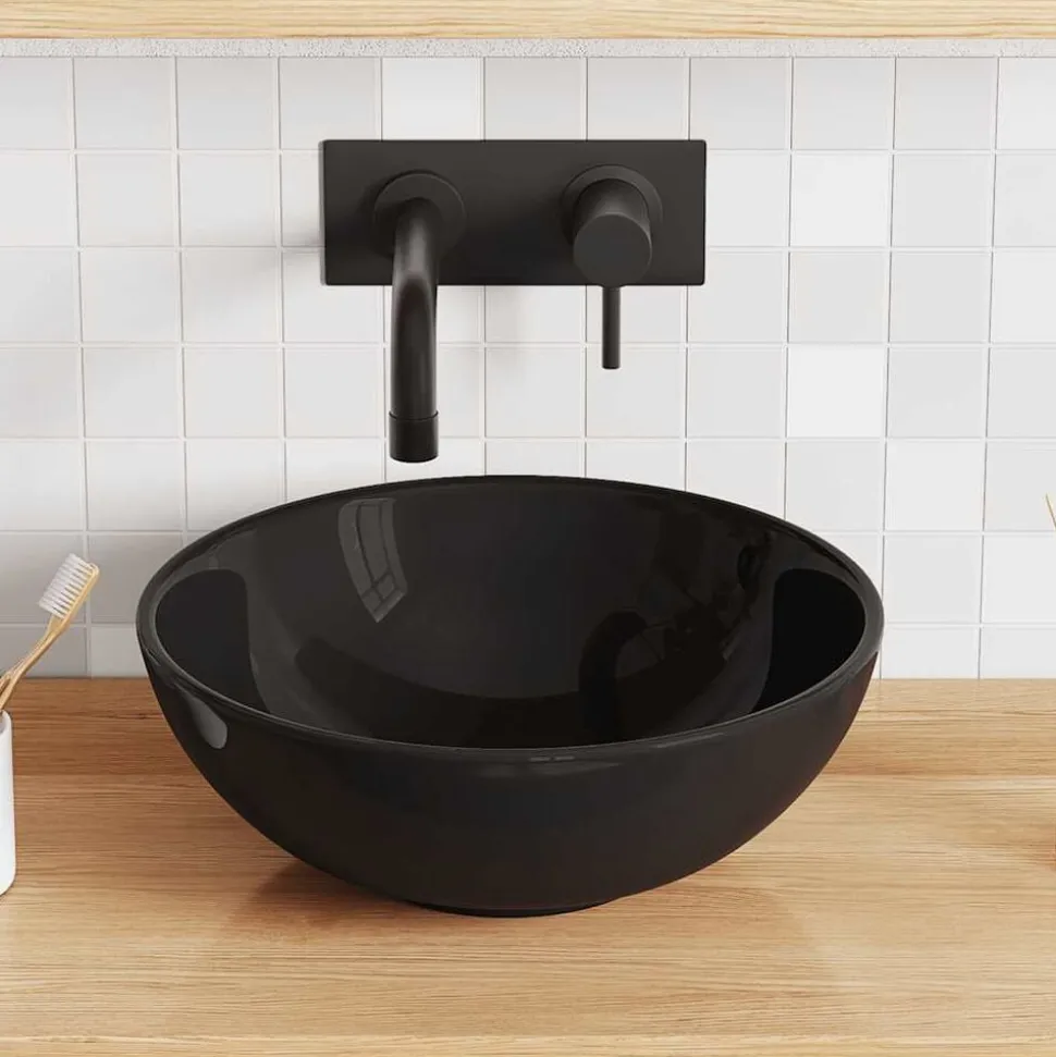 vidaXL Wastafel Ø28x10 cm keramiek glanzend zwart