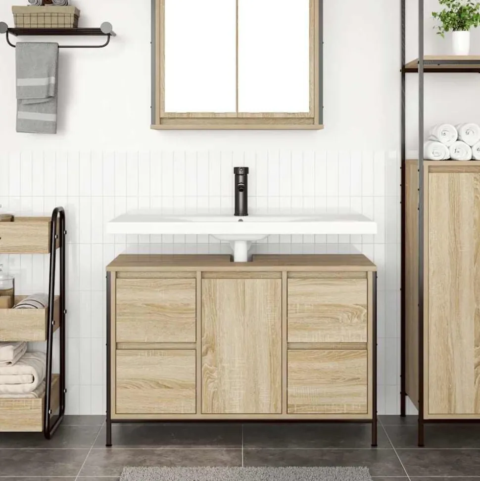 vidaXL Wastafelkast met lades 90x34,5x60 cm sonoma eikenkleurig