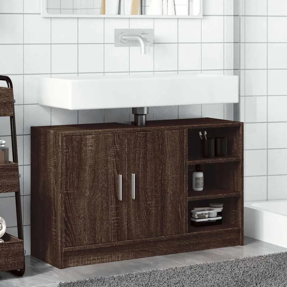 vidaXL Wastafelkast 90x29x55 cm bewerkt hout bruin eikenkleurig