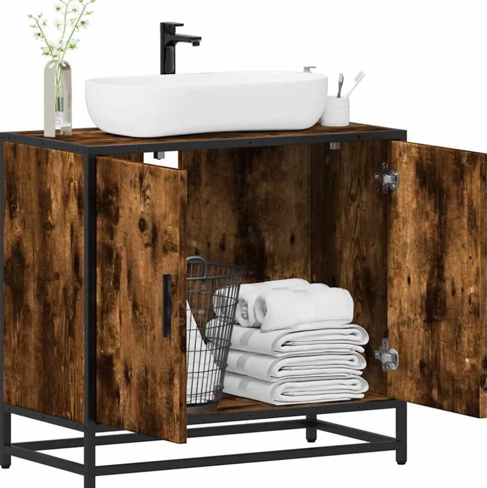vidaXL Wastafelkast 65x33x60 cm bewerkt hout gerookt eikenkleurig