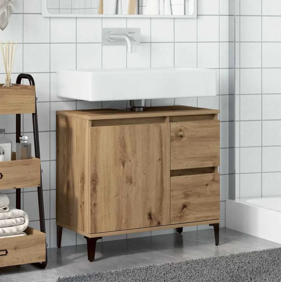 vidaXL Wastafelkast 65x33x60 cm bewerkt hout artisanaal eikenkleurig