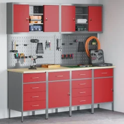 vidaXL Werk kast met lade 10 pcs Rood Engineered hout en staal
