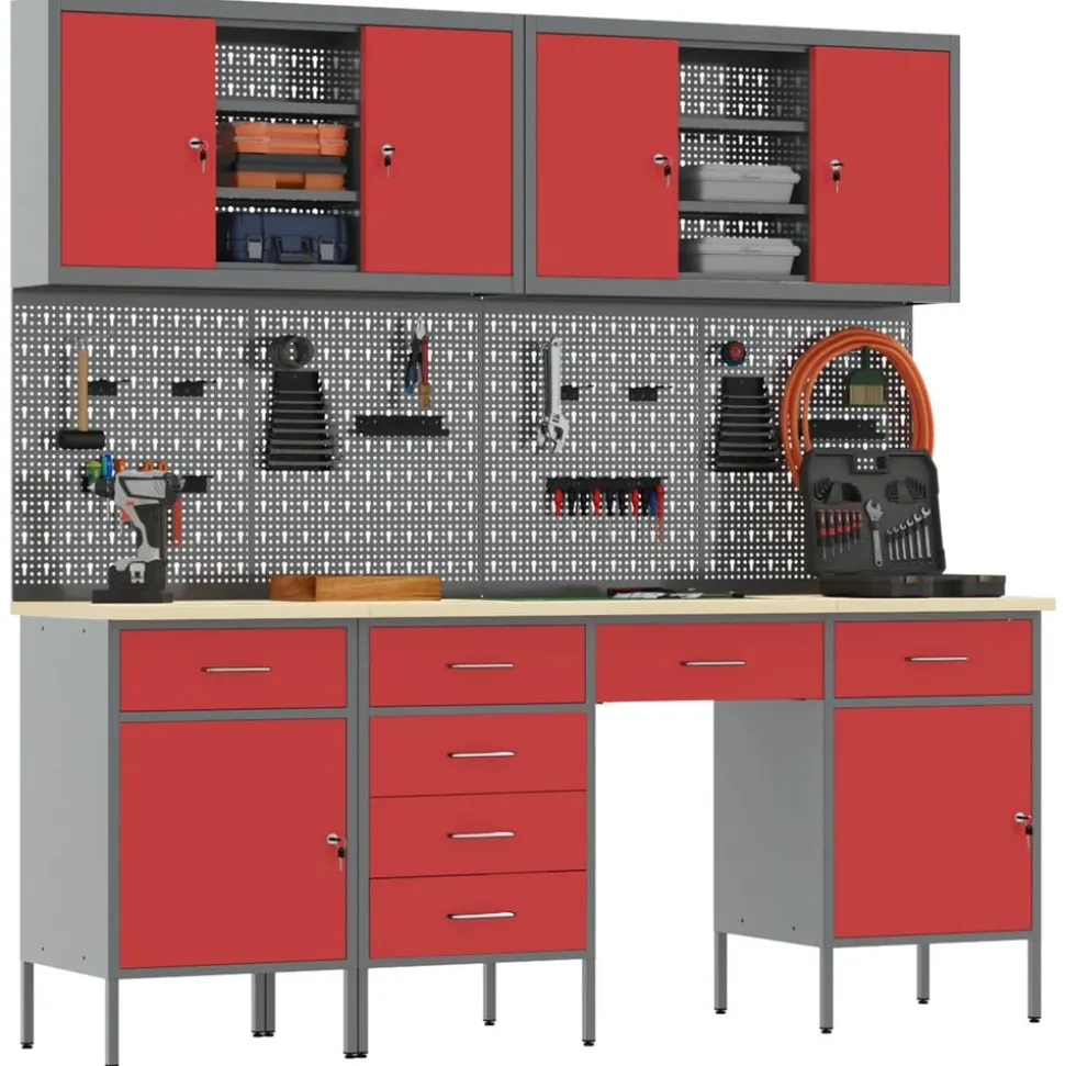 vidaXL Werk kast met lade 10 pcs Rood Engineered hout en staal