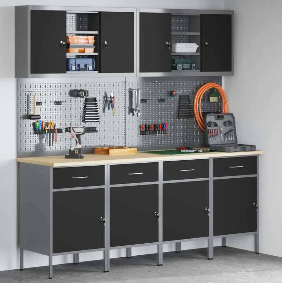 vidaXL Werk kast met lade 10 pcs Zwart Engineered hout en staal