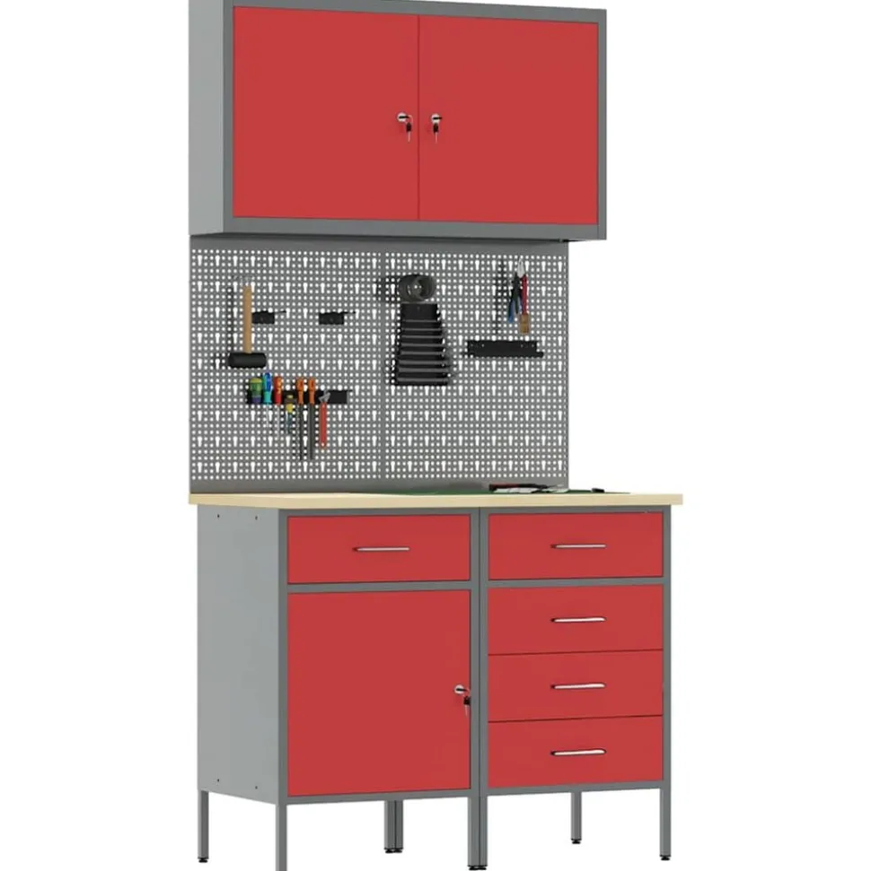 vidaXL Werk kast met lade met slot 5 pcs Rood Engineered hout en staal