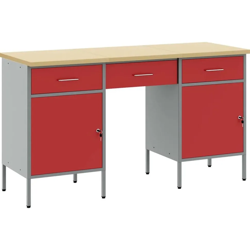 vidaXL Werk kast met lade met slot 3 pcs Rood Engineered hout en staal