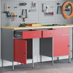 vidaXL Werk kast met lade met slot 3 pcs Rood Engineered hout en staal