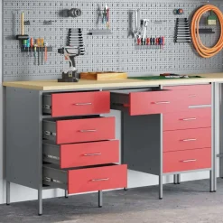 vidaXL Werk kast met lade 3 pcs Rood Engineered hout en staal