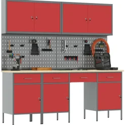 vidaXL Werk kast met lade 10 pcs Rood Engineered hout en staal