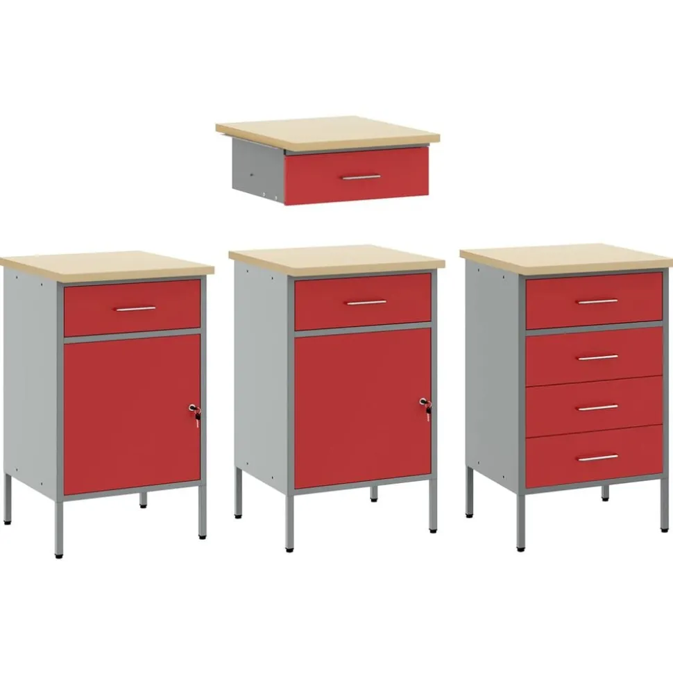 vidaXL Werk kast met lade met slot 4 pcs Rood Engineered hout en staal