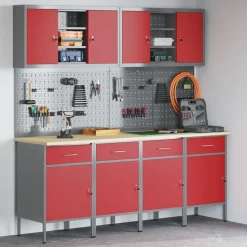 vidaXL Werk kast met lade 10 pcs Rood Engineered hout en staal