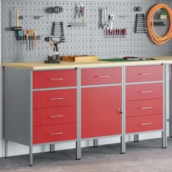 vidaXL Werk kast met lade 3 pcs Rood en Grijs 150 x 55 x 85 cm