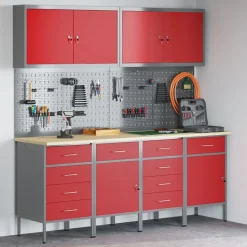 vidaXL Werk kast met lade 10 pcs Rood Engineered hout en staal