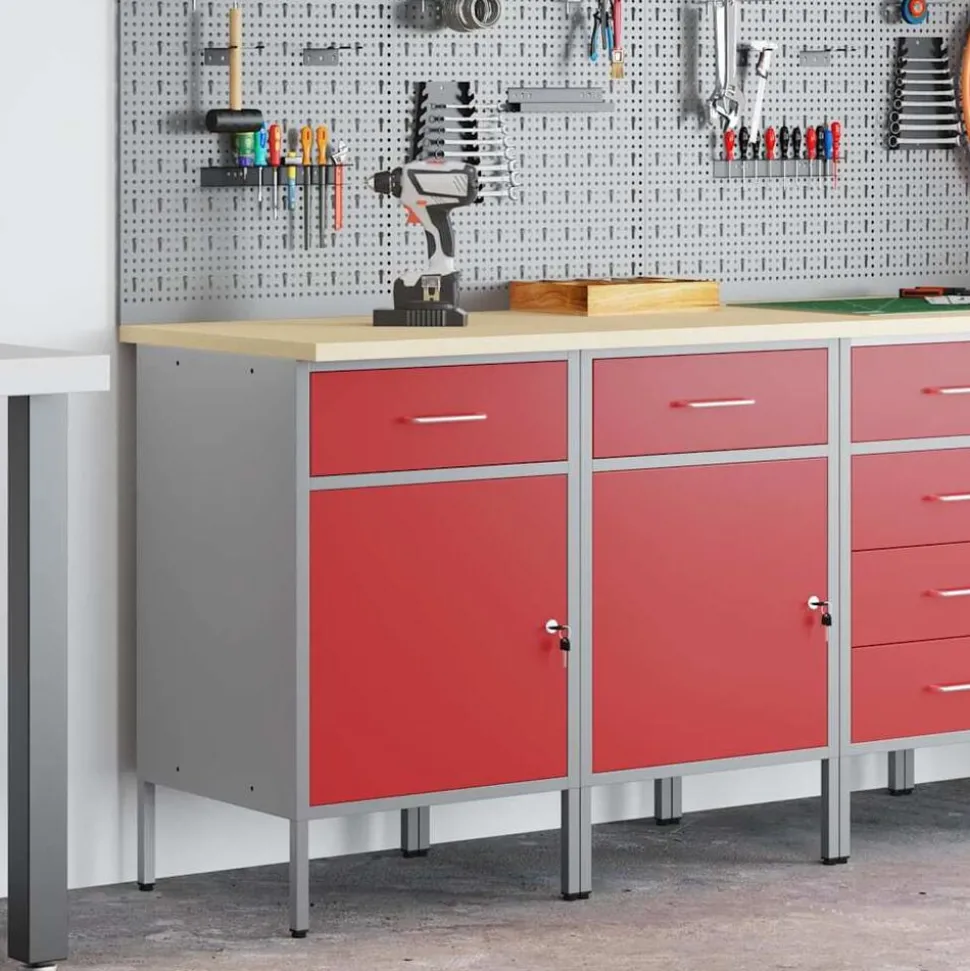 vidaXL Werk kast met lade 2 pcs Rood en Grijs 100 x 55 x 85 cm