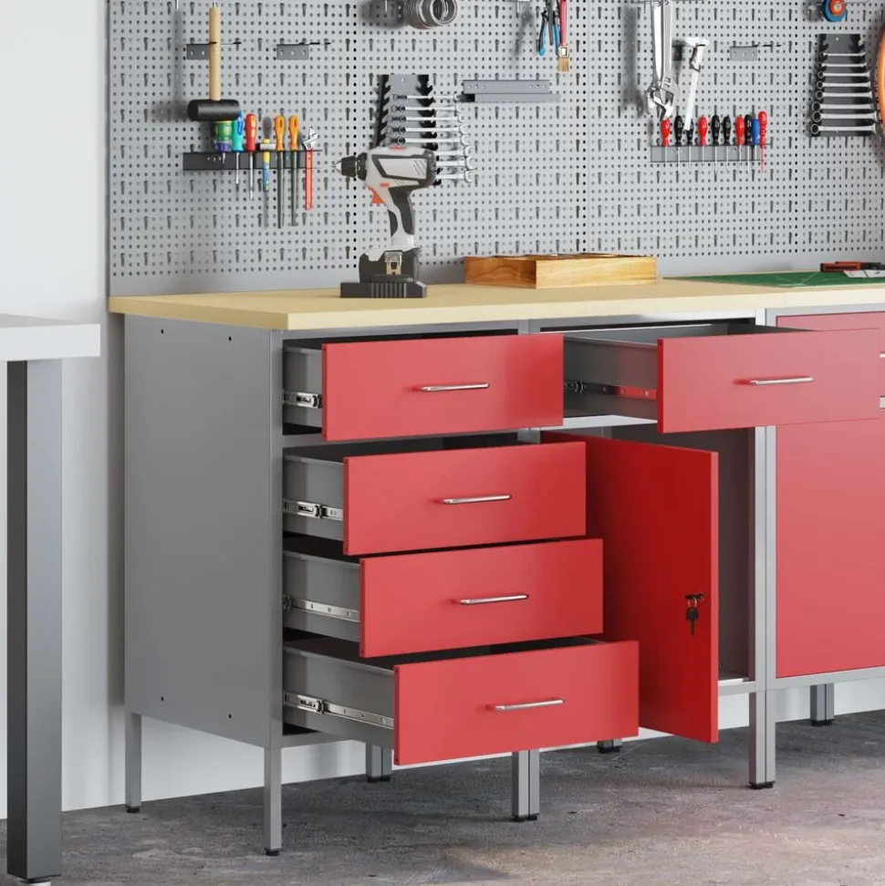 vidaXL Werk kast met lade 2 pcs Rood en Grijs 100 x 55 x 85 cm