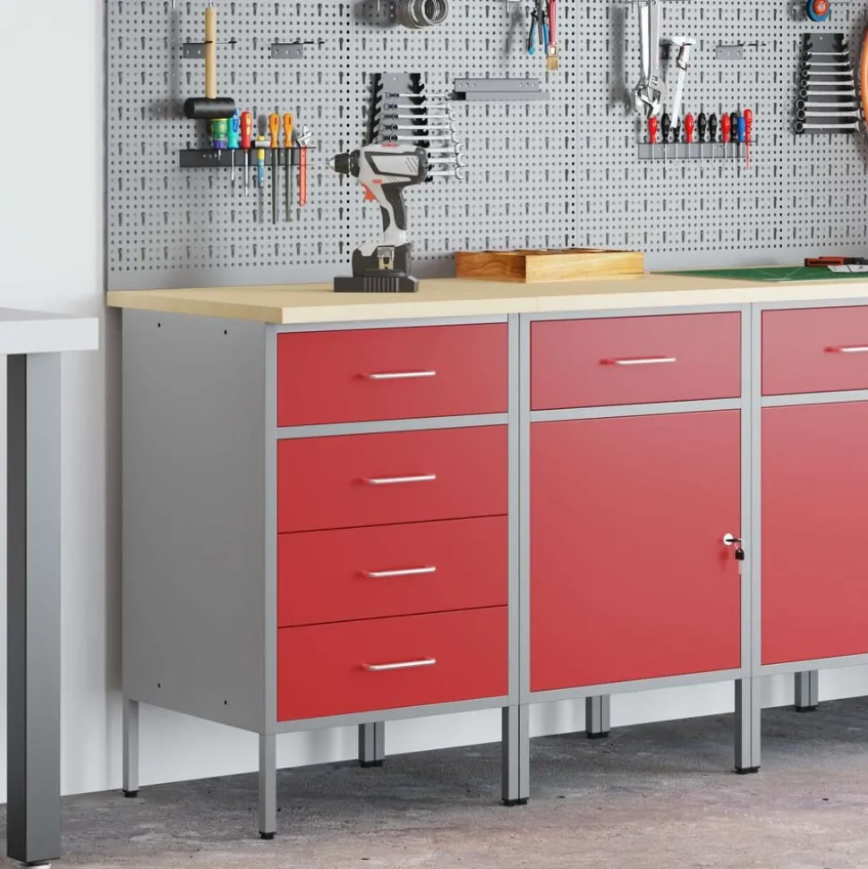 vidaXL Werk kast met lade 2 pcs Rood en Grijs 100 x 55 x 85 cm