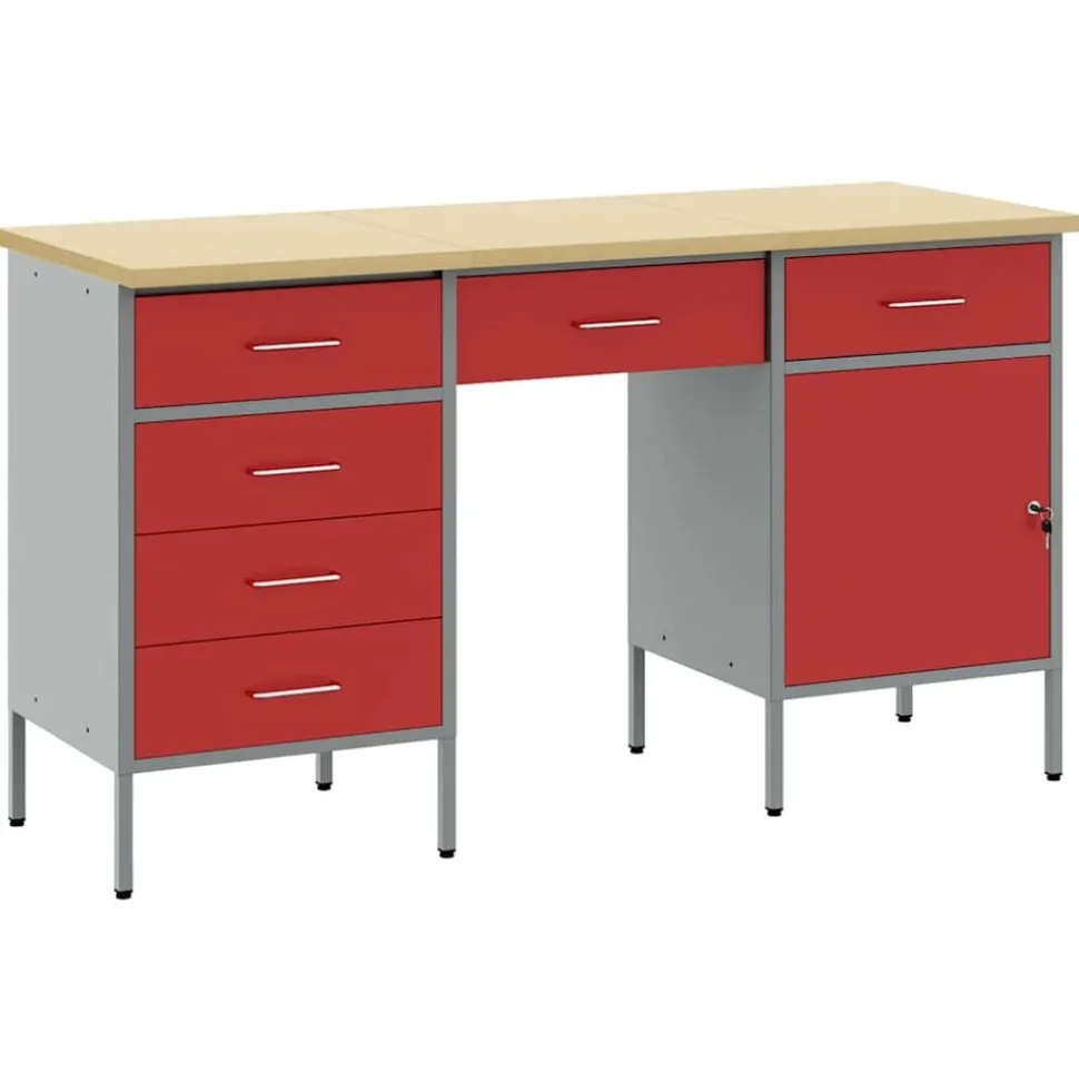 vidaXL Werk kast met lade met slot 3 pcs Rood Engineered hout en staal