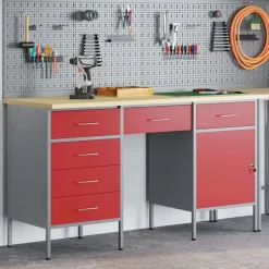 vidaXL Werk kast met lade met slot 3 pcs Rood Engineered hout en staal