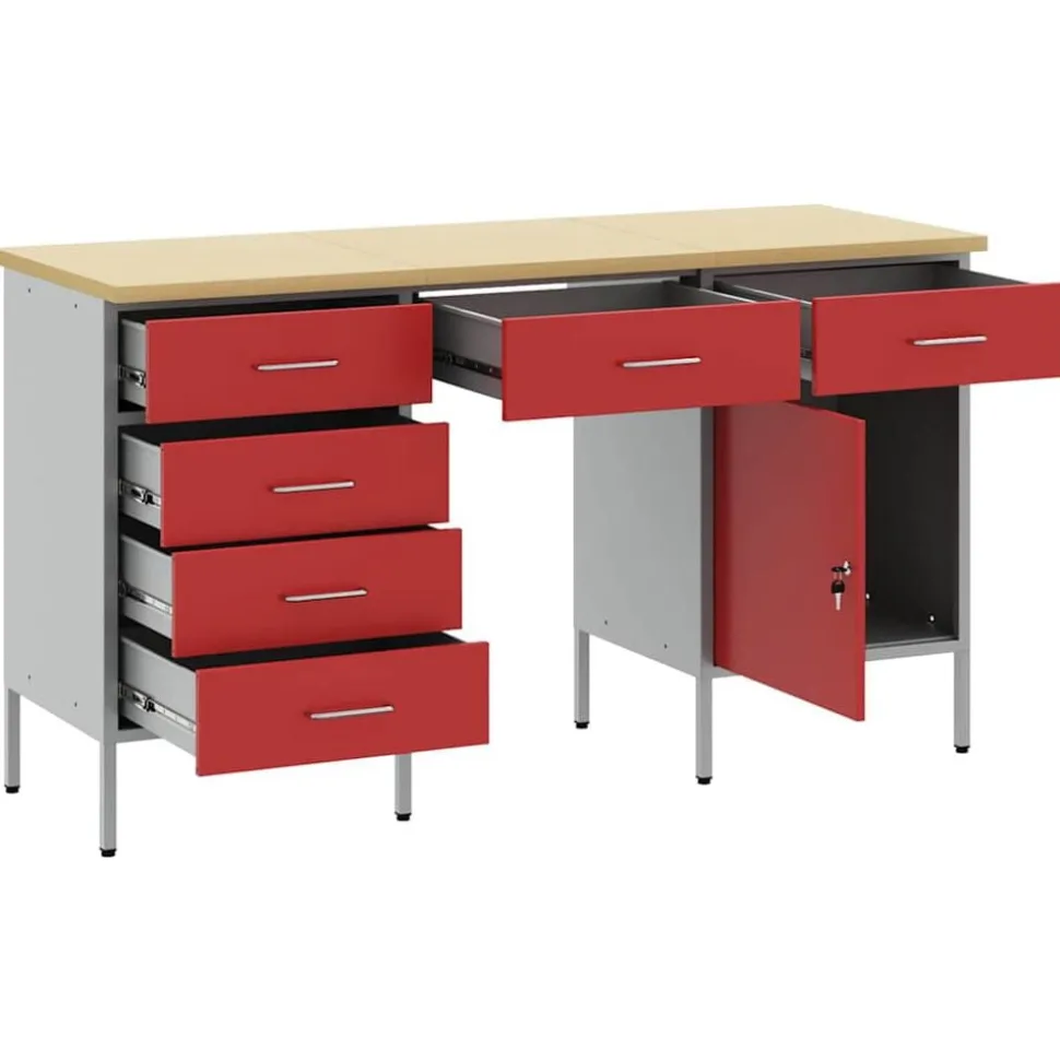 vidaXL Werk kast met lade met slot 3 pcs Rood Engineered hout en staal