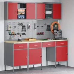 vidaXL Werk kast met lade 10 pcs Rood Engineered hout en staal