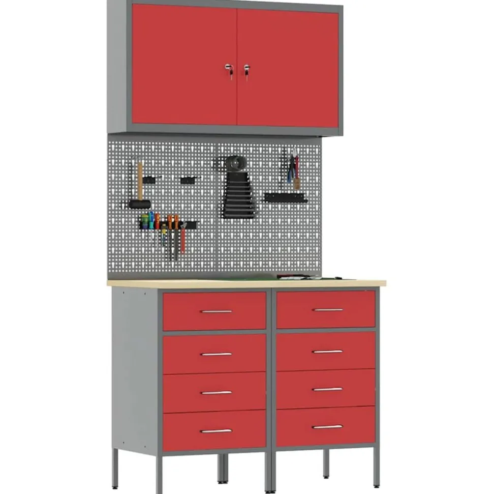 vidaXL Werk kast met lade met slot 5 pcs Rood Engineered hout en staal