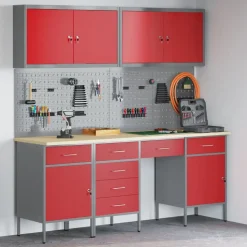 vidaXL Werk kast met lade 10 pcs Rood Engineered hout en staal