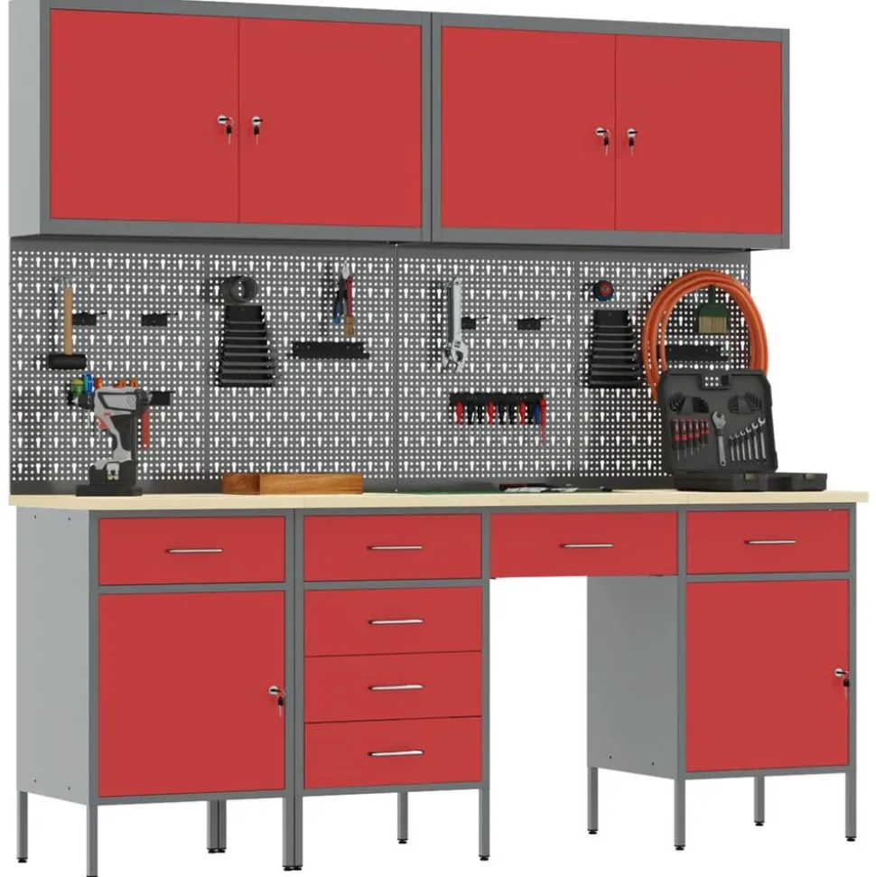 vidaXL Werk kast met lade 10 pcs Rood Engineered hout en staal