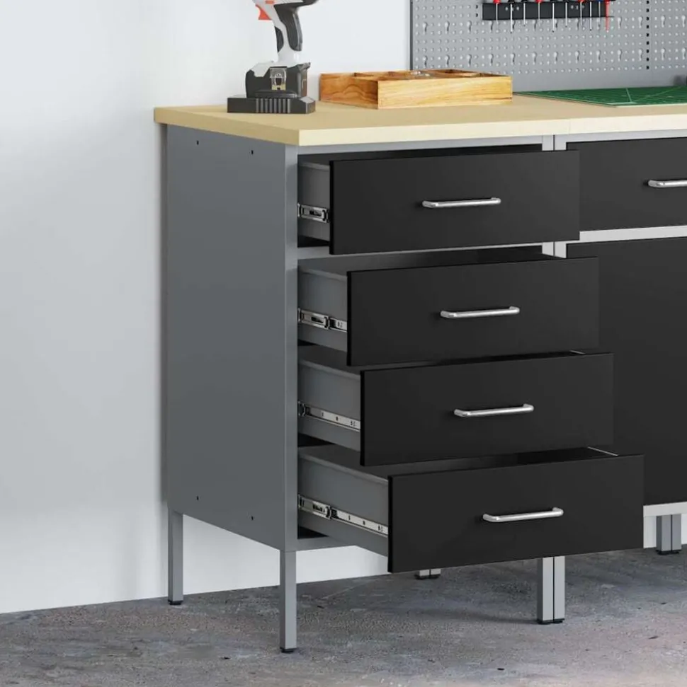 vidaXL Werkbank met lade met opslag Zwart en Grijs 50 x 55 x 85 cm
