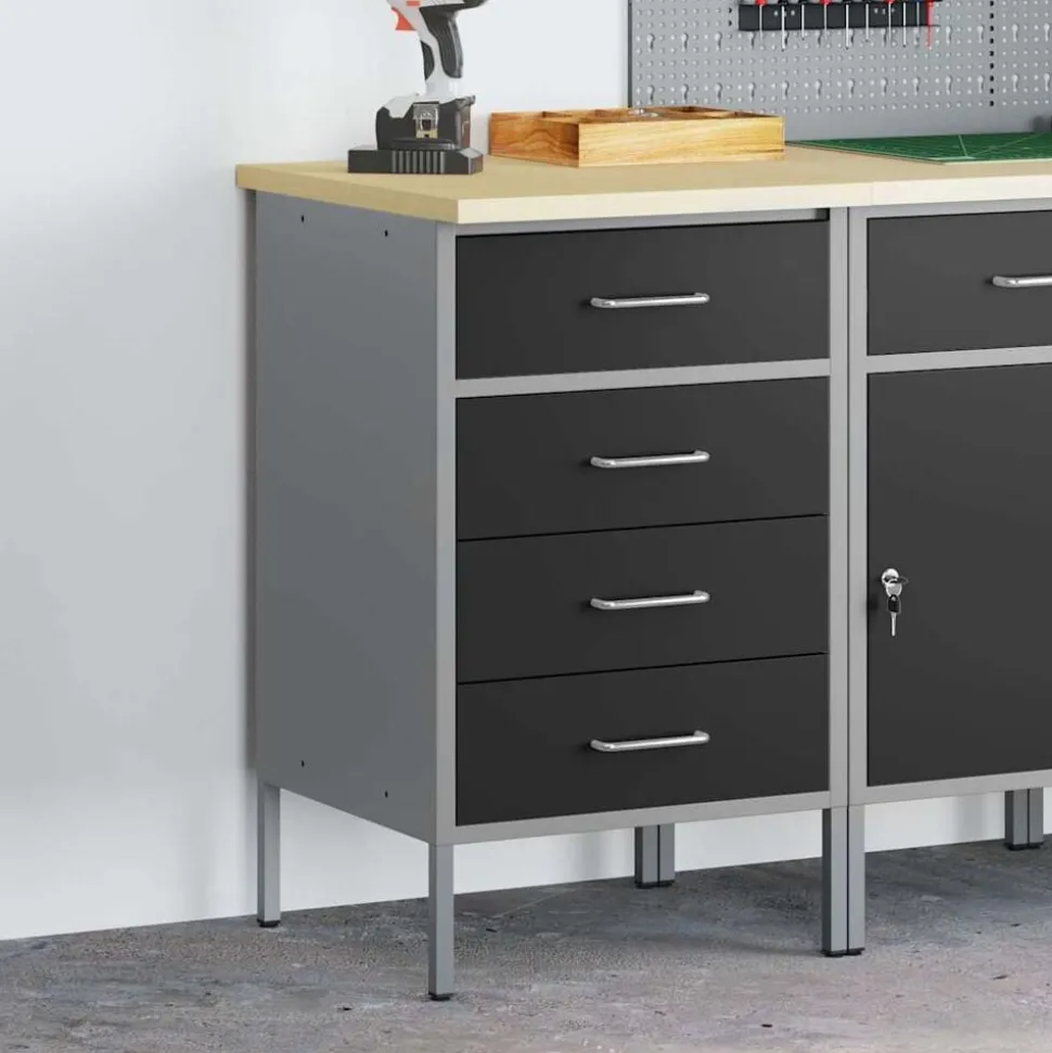 vidaXL Werkbank met lade met opslag Zwart en Grijs 50 x 55 x 85 cm