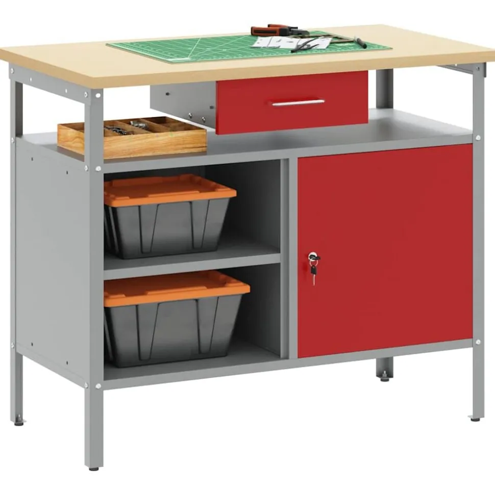 vidaXL Werkbank met lade met plank Rood en Grijs 100 x 55 x 85 cm