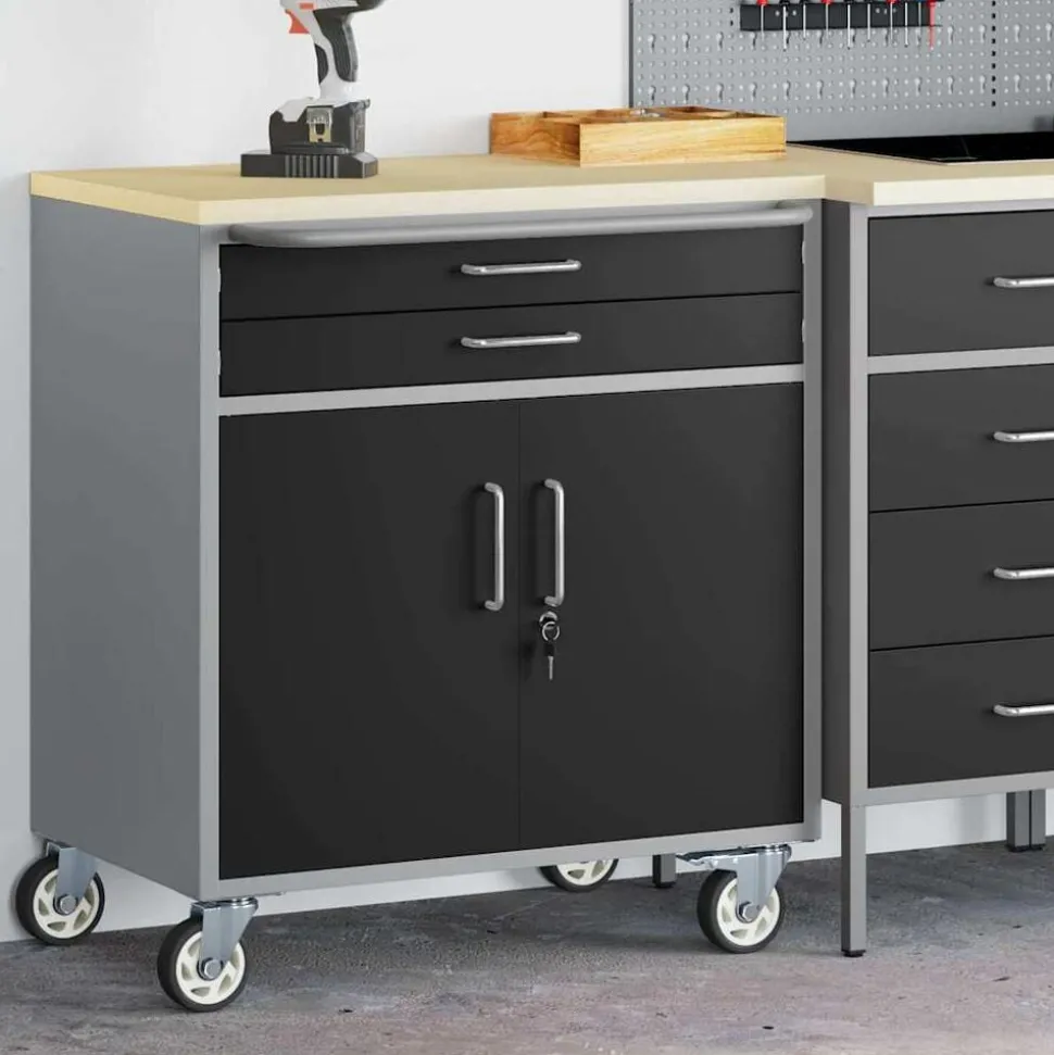 vidaXL Werkbank met lade met wiel Zwart en Grijs 75 x 45 x 85 cm