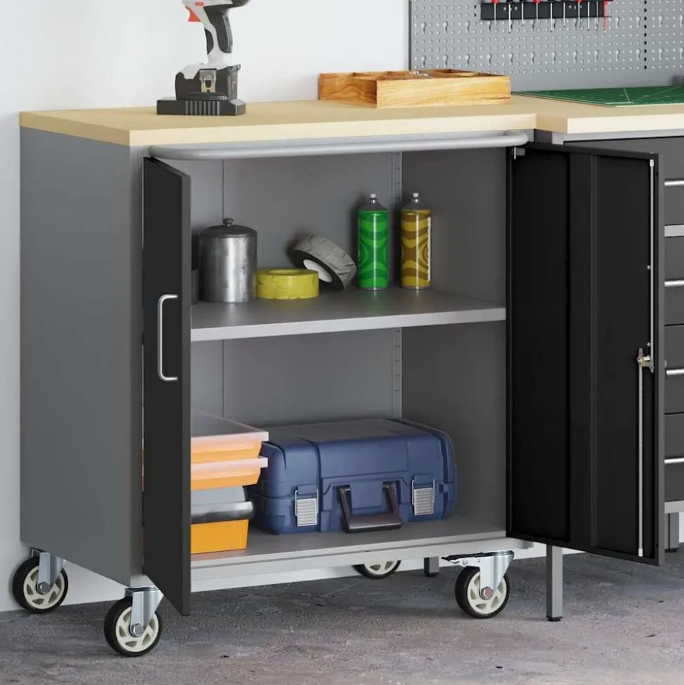 vidaXL Werkbank met plank met wiel Zwart en Grijs 75 x 45 x 85 cm