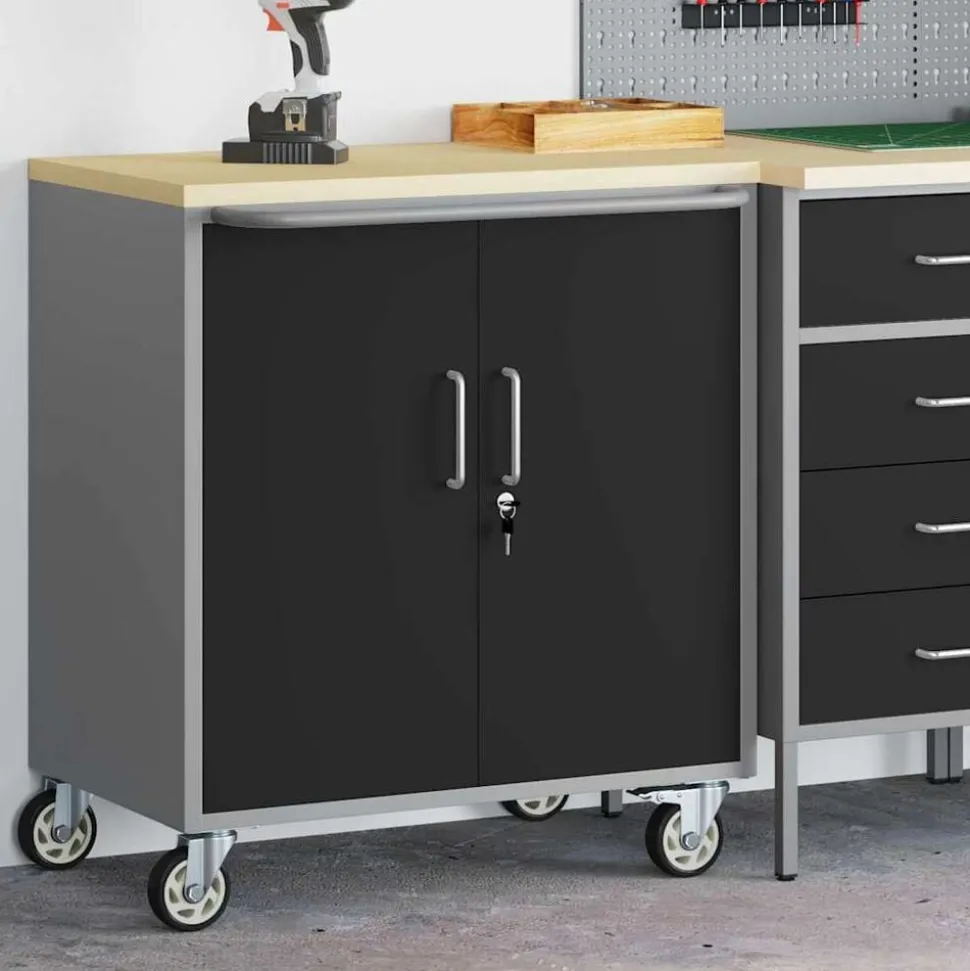 vidaXL Werkbank met plank met wiel Zwart en Grijs 75 x 45 x 85 cm