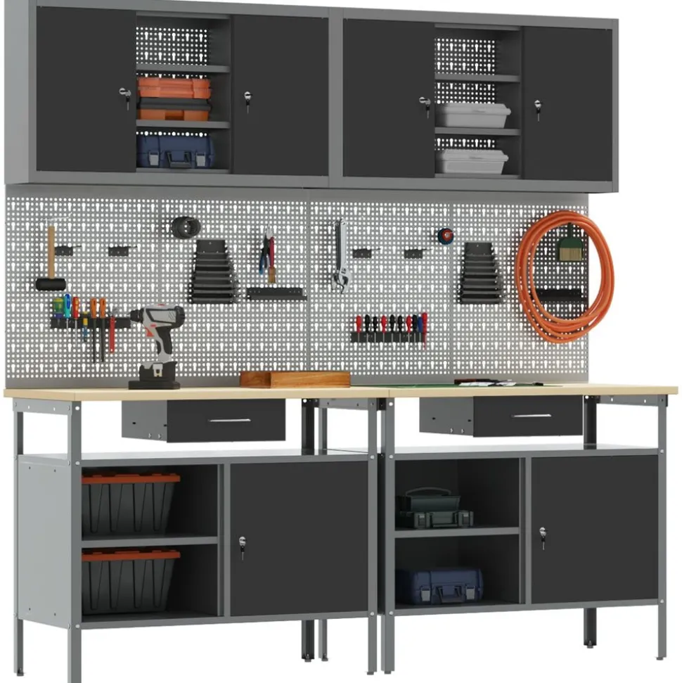 vidaXL Werkbankset met lade 8 pcs Rood en Grijs Gepoedercoat staal