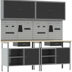 vidaXL Werkbankset met lade 8 pcs Zwart en Grijs Gepoedercoat staal