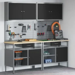 vidaXL Werkbankset met lade 8 pcs Zwart en Grijs Gepoedercoat staal