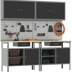 vidaXL Werkbankset met lade 8 pcs Zwart en Grijs Gepoedercoat staal