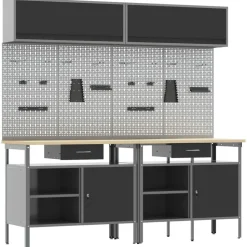 vidaXL Werkbankset met lade 8 pcs Zwart en Grijs Gepoedercoat staal