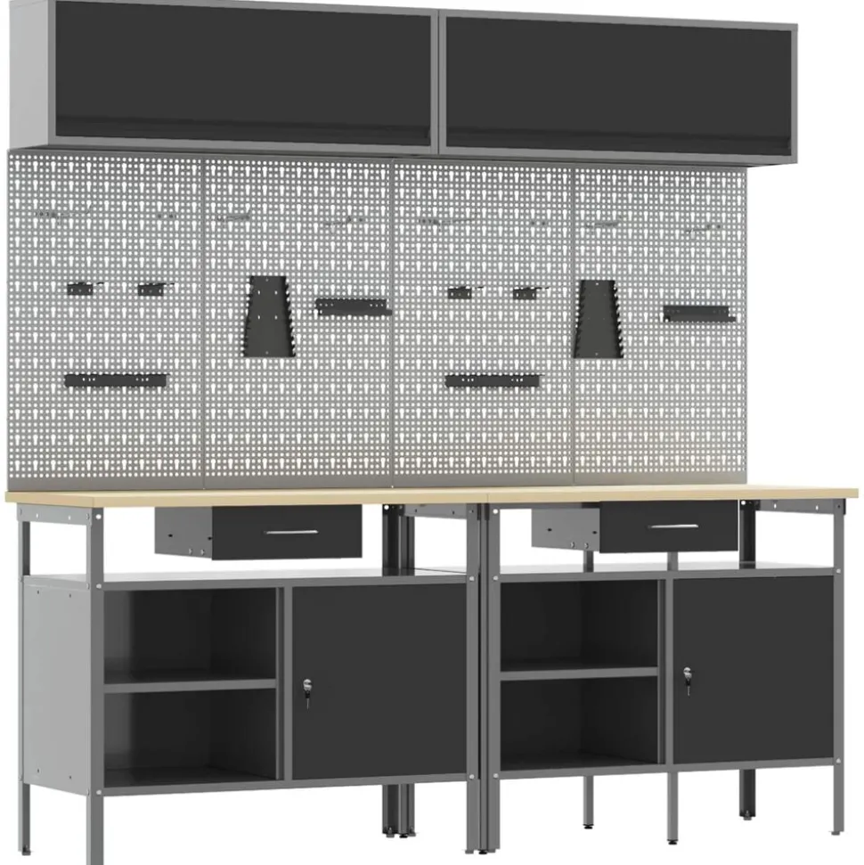 vidaXL Werkbankset met lade 8 pcs Zwart en Grijs Gepoedercoat staal