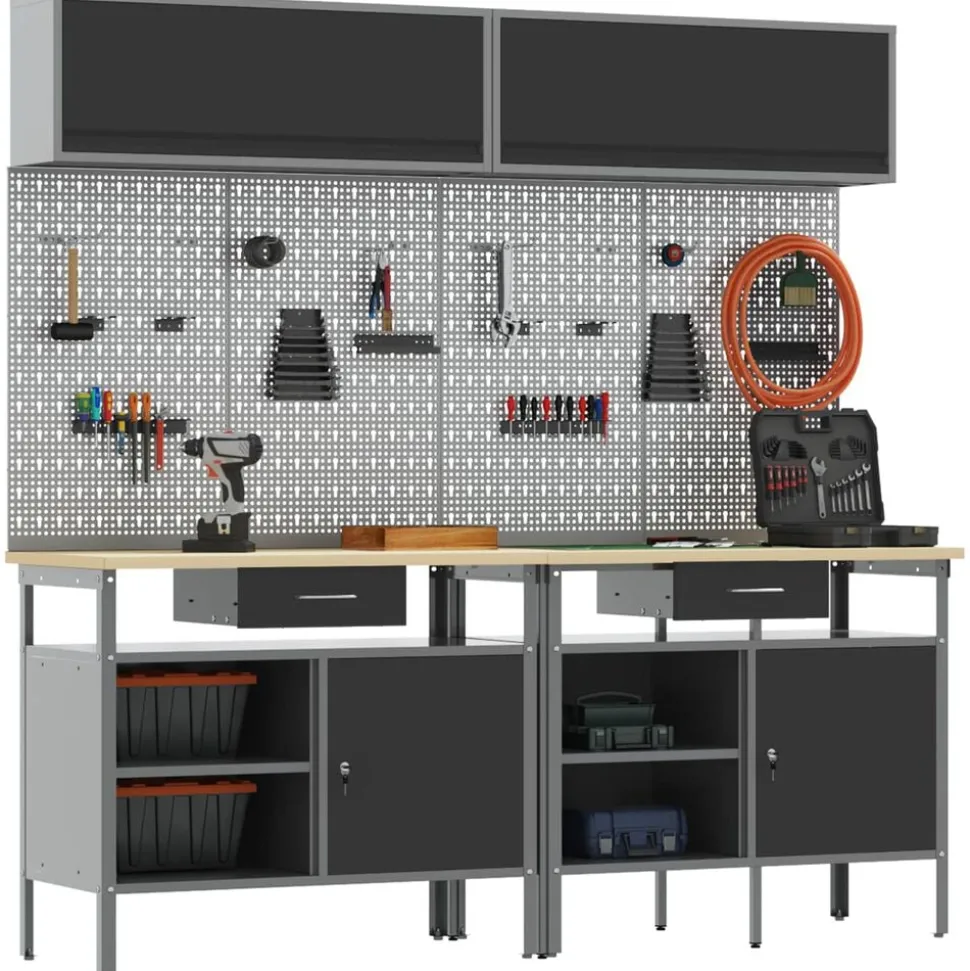 vidaXL Werkbankset met lade 8 pcs Zwart en Grijs Gepoedercoat staal