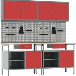 vidaXL Werkbankset met lade 8 pcs Rood en Grijs Gepoedercoat staal