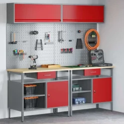 vidaXL Werkbankset met lade 8 pcs Rood en Grijs Gepoedercoat staal