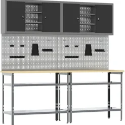 vidaXL Werkbankset met plank 8 pcs Zwart en Grijs Gepoedercoat staal