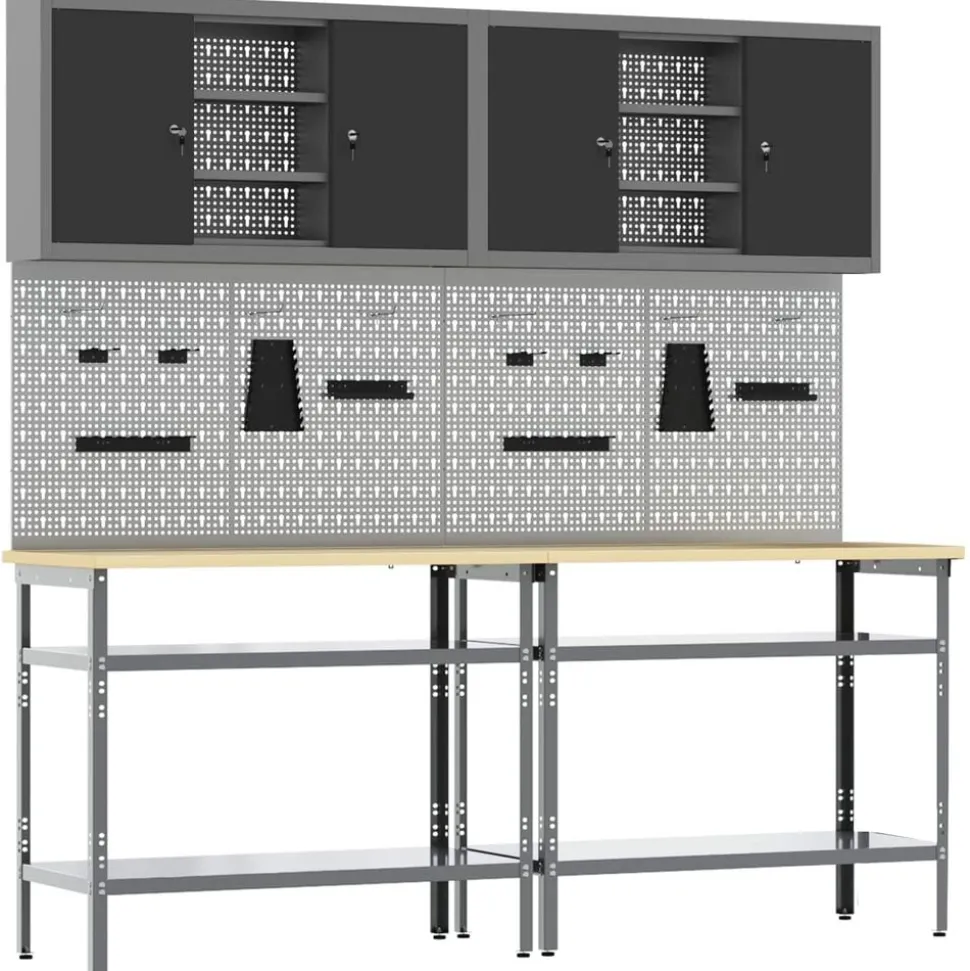 vidaXL Werkbankset met plank 8 pcs Zwart en Grijs Gepoedercoat staal