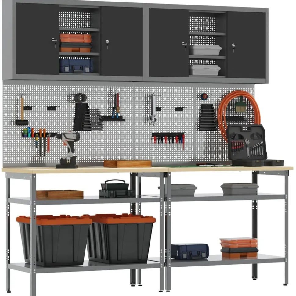 vidaXL Werkbankset met plank 8 pcs Zwart en Grijs Gepoedercoat staal