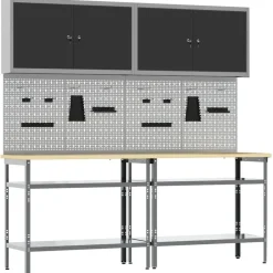 vidaXL Werkbankset met plank 8 pcs Zwart en Grijs Gepoedercoat staal